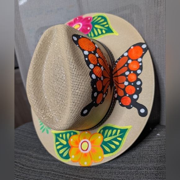 Hand Painted Floral Butterfly Straw Hat Boho Festival Sun Hat Medium